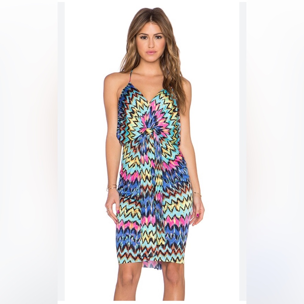 T Bags Los Angeles Knot Front Mini Dress in Milano Zig Zag Blue Pink Yellow Sz M